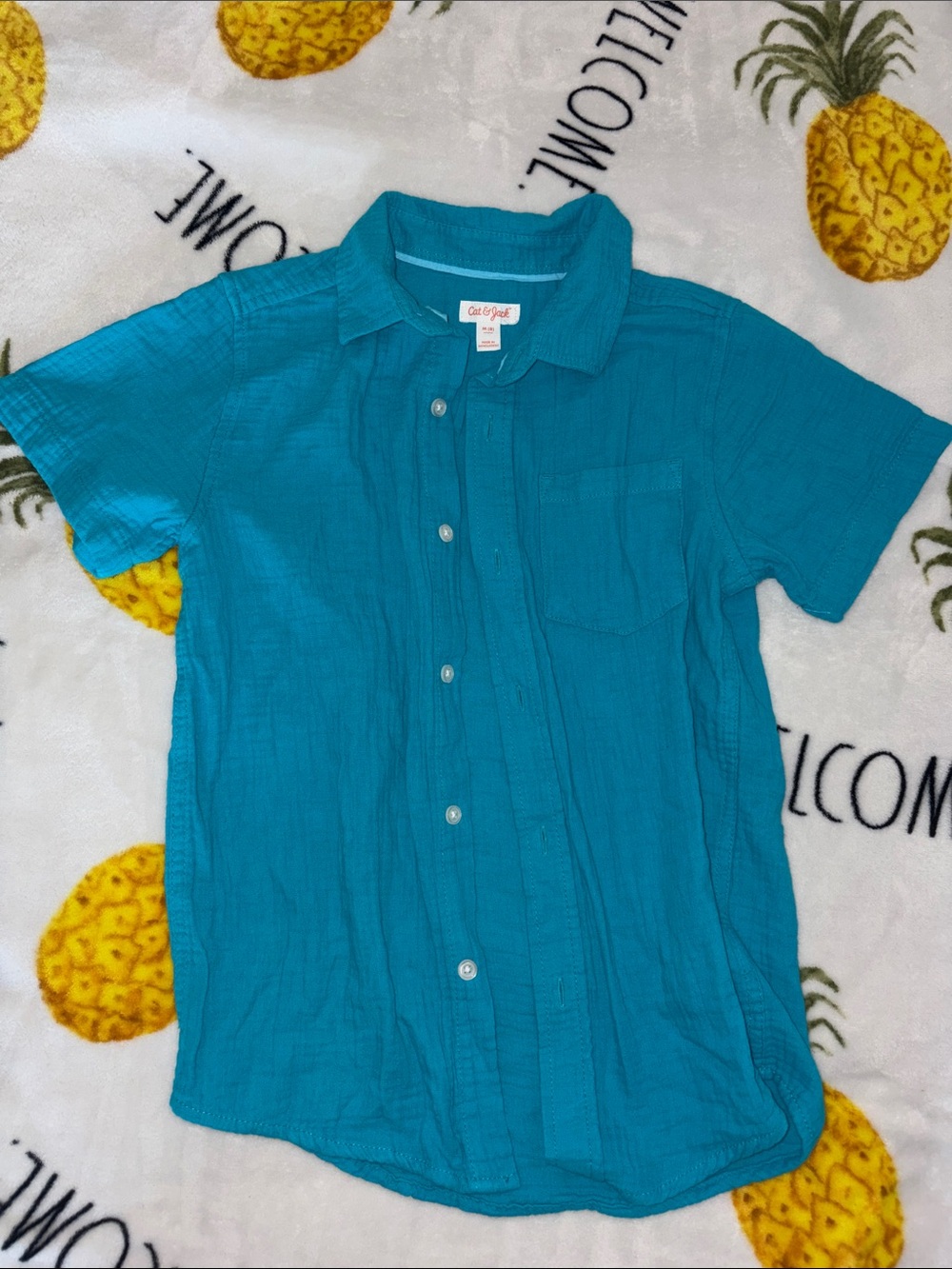Cat & Jack Teal Short Sleeve Button-Up Shirt medium 8